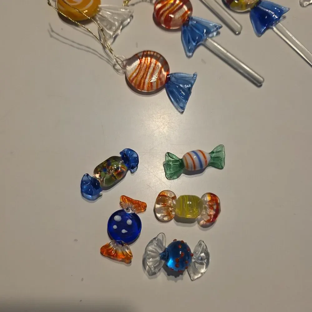 Set of 14 Vintage Murano Style Blown Glass Lollipop Ornament Christmas Candy Art